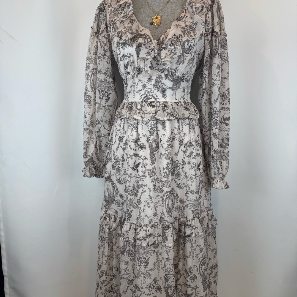 Francesca's Collections Pale Pink Paisley Ruffle V-Neck Tiered Maxi Dress Size S